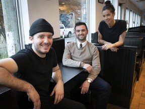 Chef Maxime Descôteaux, left, maître d’ Étienne Dufort and sous-chef Kamille Farrell opened Clairon in October.