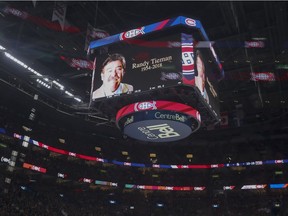 Montreal Canadiens paid tribute to longtime broadcaster Randy Tieman during first period of National Hockey League game agains the Washington Capitals in Montreal on Monday, Nov. 19, 2018.  Tieman died suddenly on Friday.