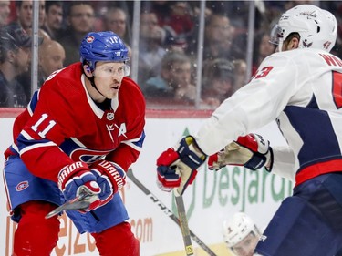 Canadiens; Brendan Gallagher, left, braces himself for a check by Washington Capitals Tom Wilson during third period of National Hockey League game in Montreal Monday November 19, 2018.