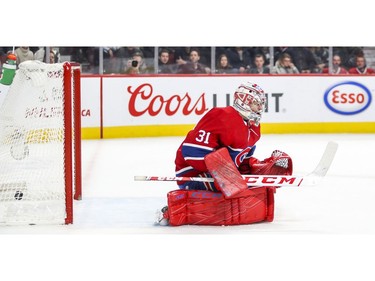 Shot by Washington Capitals' Lars Eller gets by Montreal Canadiens' Carey Price for the game-winning goal during overtime of National Hockey League game in Montreal Monday November 19, 2018.