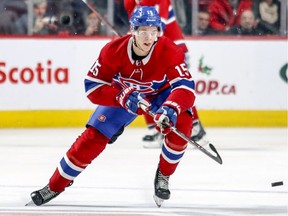 Montreal Canadiens rookie Jesperi Kotkaniemi passes the puck during action against the Washington Capitals in Montreal on Nov. 19, 2018.