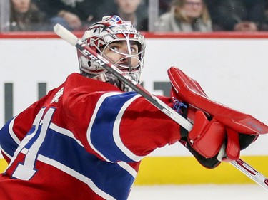 Carey Price follows the puck after making a save during second period  against the Washington Capitals at the Bell Centre on Monday, Nov. 19, 2018.