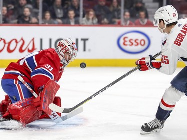 Carey Price makes a save on shot by Washington Capitals' Andre Burakovsky during second period at the Bell Centre on Monday, Nov. 19, 2018.