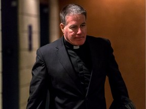 Roman Catholic priest Brian Boucher, facing several charges of sexual assault, enters the courtroom at the Palais de Justice in Montreal on Thursday November 22, 2018. Boucher is on trial. Dave Sidaway / Montreal Gazette ORG XMIT: 61753