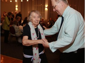 Greta Blain, who turns 101 next month, dances with Don Weber during Villa Beaurepaire's 5th anniversary celebration in Beaconsfield on Saturday night. (Photo by Maria Korab-Laskowska)