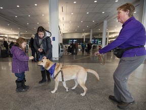Diane Clark, right, of D.D.O. is led by her dog Carson to have a moment with 7-year-old Adele Roy and Julie Choquette on Thursday, Nov. 15, 2018, at Trudeau airport in Montreal.