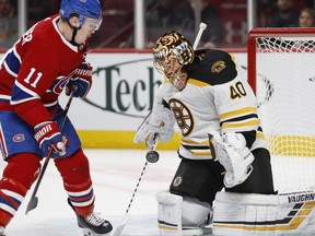 Canadiens' Brendan Gallagher looks for the rebound from Boston Bruins goaltender Tuukka Rask in Montreal on Saturday, Nov. 24, 2018.