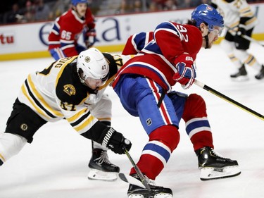 Canadiens' Jonathan Drouin outmanoeuvres Boston Bruins defenceman Torey Krug in Montreal on Saturday, Nov. 24, 2018. Drouin went on to score on the play.