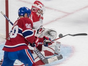 Canadiens forward Tomas Tatar can't get the puck past Carolina Hurricanes goaltender Curtis McElhinney during third period of NHL game at the Bell Centre in Montreal on Nov. 27, 2018.