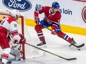 Montreal Canadiens center Jesperi Kotkaniemi works behing Carolina Hurricanes' net to during second period at the Bell Centre on Nov. 27, 2018.