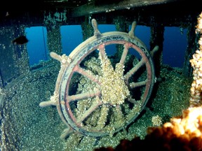 Captain's wheel of the remarkably well-preserved Manasoo, which sank in Georgian Bay near Owen Sound on Sept. 15, 1928, is shown after a team discovered two historic shipwrecks last summer.