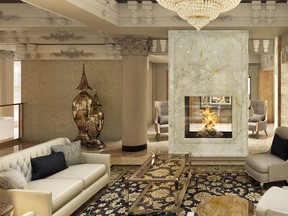 The lobby of Hôtel Birks is richly appointed with marble and brass.
