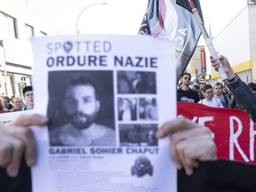 Anti-fascist protestors march towards the home of neo-Nazi Zeiger in the Rosemont borough of Montreal, Saturday May 12, 2018.