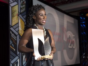 Esi Edugyan is pictured on stage after winning the Scotiabank Giller Prize for her book 'Washington Black' at the Scotiabank Giller Prize gala in Toronto on Monday, Nov. 19, 2018.