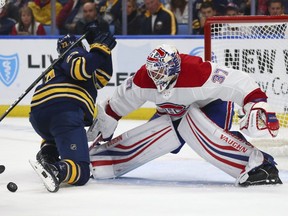 Buffalo Sabres forward Sam Reinhart is stopped by Montreal Canadiens goalie Antti Niemi during on Oct. 25, 2018, in Buffalo.