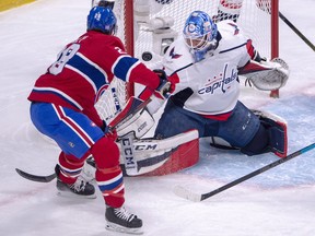 Mike Reilly scores on Washington Capitals goaltender Pheonix Copley during first period at the Bell Centre on Monday, Nov. 19, 2018.