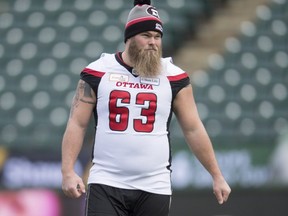 Ottawa Redblacks offensive lineman Jon Gott takes part in a team walk though of Commonwealth Stadium in Edmonton, Saturday, November 24, 2018. The Ottawa Redblacks will play the Calgary Stampeders in the 106th Grey Cup on Sunday.