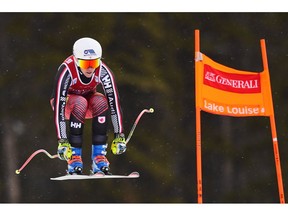 Marie-Michele Gagnon of Canada skis down the course during a training run for the women's World Cup downhill ski race in Lake Louise, Alta., on Wednesday, Nov. 28, 2018.