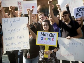 Workers protest against Google's handling of sexual misconduct allegations at the company's Mountain View, Calif., headquarters on Thursday, Nov. 1, 2018.