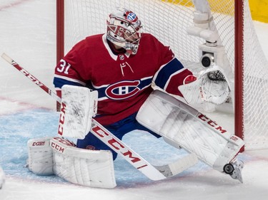 Carey Price makes a toe save against the Washington Capitals during first-period action at the Bell Centre in Montreal on Thursday, Nov. 1, 2018.