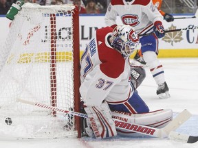 Canadiens goalie Antti Niemi allows a weak goal by Oilers' Drake Caggiula to beat him during the second period of Tuesday night's game in Edmonton.