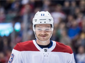 Montreal Canadiens' Max Domi smiles while waiting for a faceoff during third period against the Canucks in Vancouver on Nov. 17, 2018.