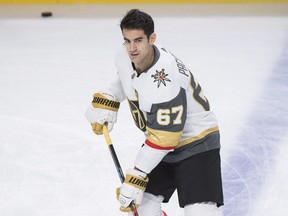 Vegas Golden Knights' Max Pacioretty warms up prior to a game against the Canadiens in Montreal on Saturday, Nov. 10, 2018. The Canadiens played a pre-game video tribute to Pacioretty on the giant screen and he skated around nervously as it started, then smiled at something one of his teammates said from the bench before taking a nervous-looking drink of water.