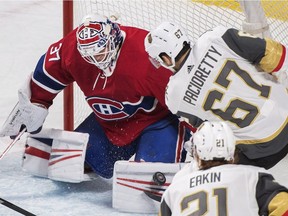 Vegas Golden Knights' Max Pacioretty takes a shot on Canadiens goaltender Antti Niemi in Montreal on Saturday, Nov. 10, 2018.