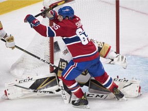 Canadiens forward Andrew Shaw reacts after scoring against Vegas Golden Knights goaltender Marc-André Fleury during third period of NHL game at the Bell Centre in Montreal, on Nov. 10, 2018.