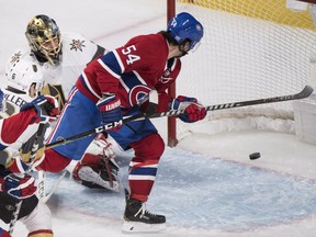Vegas Golden Knights goaltender Marc-André Fleury is scored on by Canadiens' Charles Hudon in Montreal on Saturday, Nov. 10, 2018.