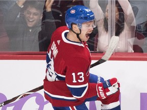 Montreal Canadiens' Max Domi celebrates after scoring against Tampa Bay Lightning during first period NHl hockey action in Montreal, Saturday, November 3, 2018.