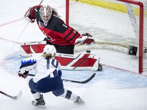 United States forward Brianna Decker scores on Canada's Shannon Szabados during the Four Nations Cup final on Saturday, Nov. 10, 2018.
