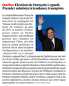 The French newspaper Liberation compared Quebec Premier Francois Legault to U.S. President Donald Trump.