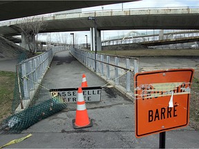 The Sources Blvd. pedestrian overpass was damaged by vandals, forcing its closure for safety reasons.