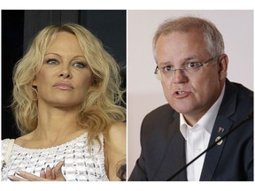 In this combination of file photos, on Oct. 7, 2018, actress Pamela Anderson applauds at the start of the League One soccer match between Marseille and Caen at the Velodrome stadium, in Marseille, southern France; left, and on Nov. 18, 2018, Australian Prime Minister Scott Morrison speaks during the Leaders Electrification Project meeting as part of the APEC 2018 at Port Moresby, Papua New Guinea. Appearing on Australia's "60 Minutes" this month, Anderson urged Morrison to bring WikiLeaks founder Julian Assange to Australia. (AP Photo, File)