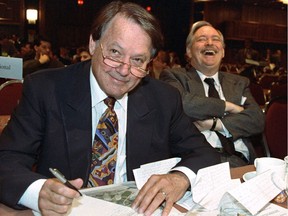 With Bernard Landry's state funeral set for Tuesday at Notre-Dame Basilica, the last state funeral was in 2015 for fellow former premier Jacques Parizeau, seen here right of Landry in 1993.