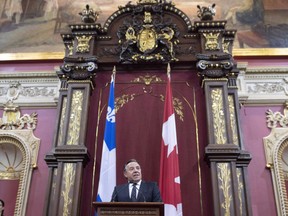 Quebec Premier François Legault speaks at the National Assembly on Oct. 18, 2018. The Parti Québécois and Québec solidaire will receive parliamentary status at the National Assembly, after an agreement in principle was reached Thursday night.