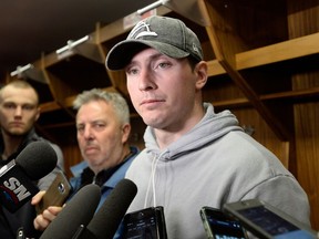 FILE - In this Monday, April 9, 2018, file photo, Ottawa Senators center Matt Duchene speaks to reporters as players clean out their lockers in Ottawa, Ontario. A video has surfaced showing several Ottawa Senators players, including Duchene, trashing the team and an assistant coach during an Uber ride, the latest bit of humiliation for an organization that's been riddled with it recently. (Justin Tang/The Canadian Press via AP, File) ORG XMIT: NYSB171