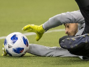 Montreal Impact goalkeeper James Pantemis during practice at Olympic Stadium in Montreal on Feb. 1, 2018.