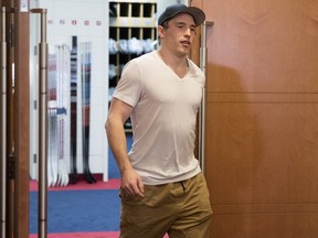Montreal Canadiens winger Brendan Gallagher arrives to speak to the media as the players clear out their lockers at the Bell Sports complex in Montreal on April 9, 2018.