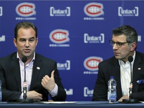 Montreal Canadiens owner and team president Geoff Molson, left, and general manager Marc Bergevin meet the media to discuss their season at the Bell Sports Complex on April 9, 2018.