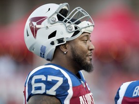 Montreal Alouettes offensive lineman Tony Washington takes part in the pregame warmup during CFL action against the Toronto Argonauts in Montreal on Aug. 24, 2018.