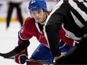 Canadiens centre Matthew Peca prepares to take face-off off during NHL preseason game against the Florida Panthers at the Bell Centre  in Montreal on Sept. 19, 2018.