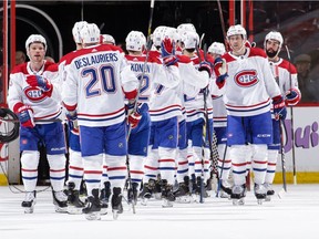 Habs celebrate 5-2 win against Senators at the Canadian Tire Centre in Ottawa on Thursday night.