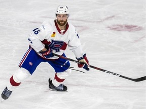 Laval Rocket defenceman Karl Alzner in action against the Belleville Senators at Place Bell in Laval on Wednesday, Nov. 28, 2018.