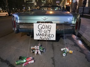 Hells Angels member Martin Robert and fiancée Annie Arbic arrived for their wedding in Montreal on Saturday in a vintage Cadillac convertible.