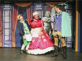 Joe Dineen as Nelly, centre, James Berryman as the Prince and Megan Fisher as Stewie, left, during rehearsal of their upcoming holiday production of Snow White and the Seven Dwarves at Hudson Village Theatre.