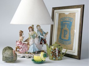 A strange lamp, vintage shopping bag and kitschy kitchen items are the spoils of a thrift-shop addiction.