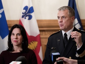 Police chief Sylvain Caron speaks to reporters with Mayor Valérie Plante after being sworn in at Montreal city hall on Wednesday, December 12, 2018.