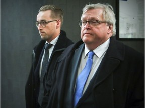 Former Quebec health minister Gaétan Barrette accompanies his son Geoffroy to the Montreal courthouse Thursday, December 13, 2018. As part of his sentence, Geoffroy Barrette has been ordered not to drink alcohol for eight months.